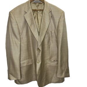 W.H. Belk Silk Wool Summer Blazer Mens 48R Plaid Houndstooth Sport Coat Beige